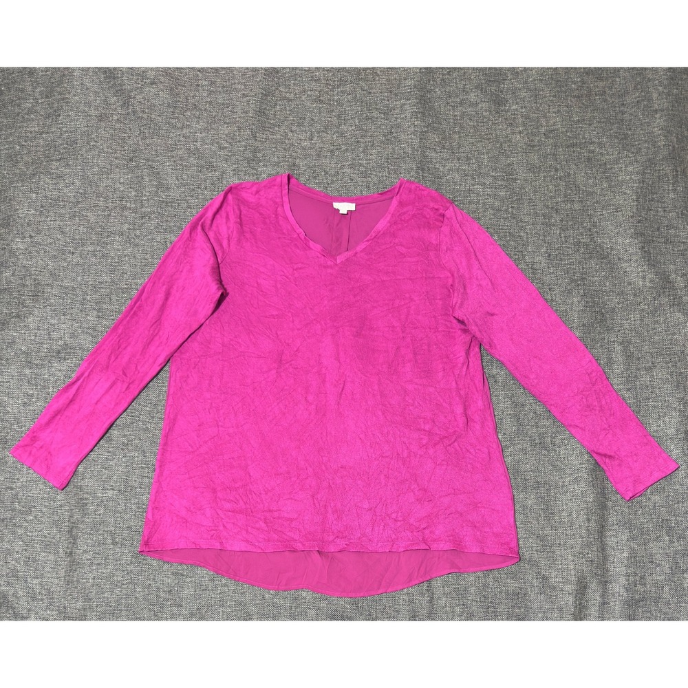Talbots Woman 1X Top Mixed Media V-Neck Long Sleeve Magenta
